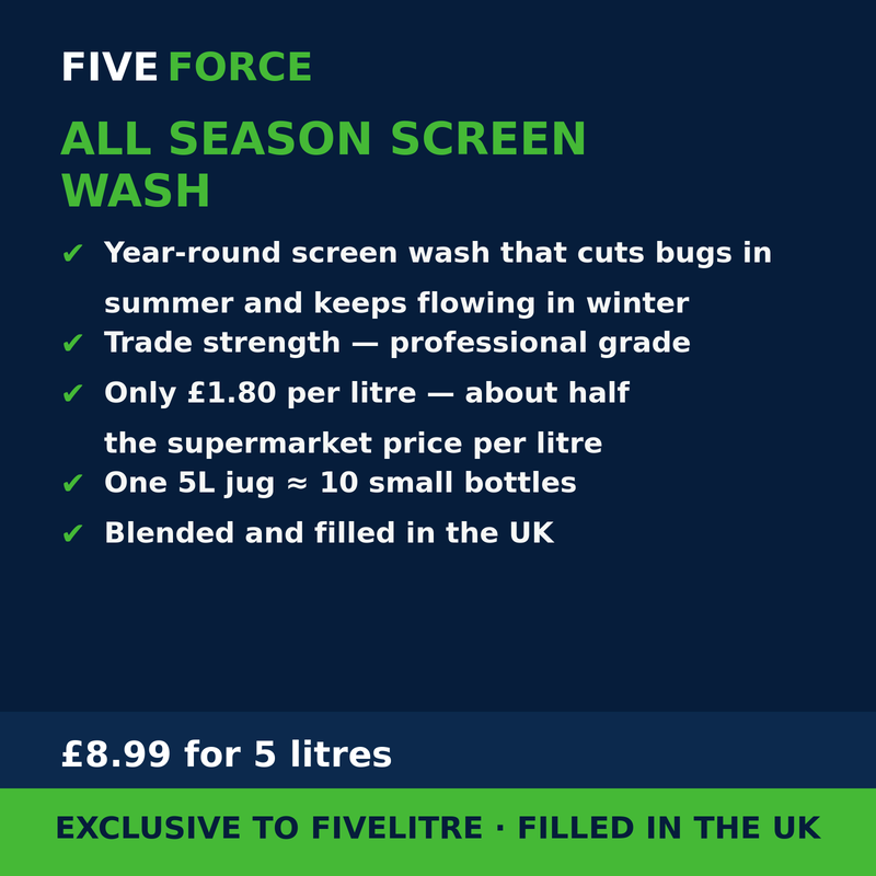 FiveForce All Season Screen Wash 5L benefits — trade strength, £ per litre, exclusive to FiveLitre