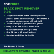 FiveForce Black Spot Remover 9.9% 5L benefits — trade strength, £ per litre, exclusive to FiveLitre