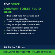 FiveForce Caravan Toilet Fluid Blue 5L benefits — trade strength, £ per litre, exclusive to FiveLitre