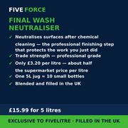 FiveForce Final Wash Neutraliser 5L benefits — trade strength, £ per litre, exclusive to FiveLitre