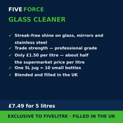 FiveForce Glass Cleaner 5L benefits — trade strength, £ per litre, exclusive to FiveLitre