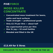 FiveForce Moss Killer Concentrate 5L benefits — trade strength, £ per litre, exclusive to FiveLitre