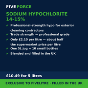 FiveForce Sodium Hypochlorite 14-15% 5L benefits — trade strength, £ per litre, exclusive to FiveLitre