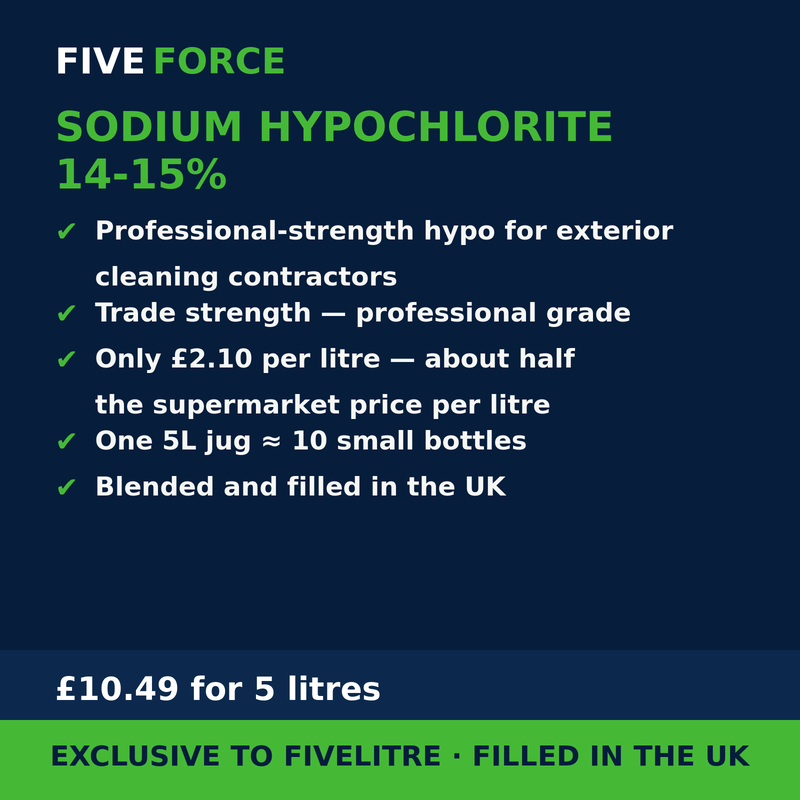 FiveForce Sodium Hypochlorite 14-15% 5L benefits — trade strength, £ per litre, exclusive to FiveLitre