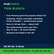 FiveForce Thin Bleach 5L benefits — trade strength, £ per litre, exclusive to FiveLitre