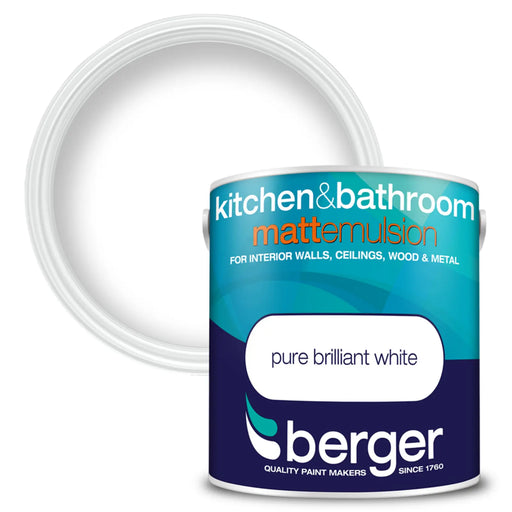 Berger Kitchen & Bathroom Matt Emulsion 2.5L Brilliant White | FiveLitre — bulk sizes, trade prices