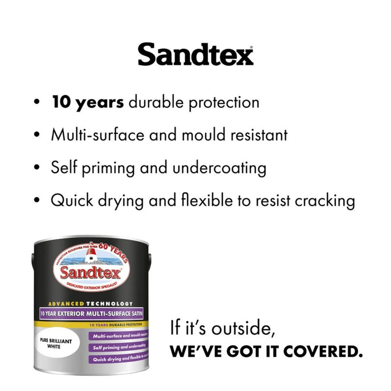 Sandtex 10 Year Exterior Multi Surface Satin 2.5L Brilliant White | FiveLitre — bulk sizes, trade prices