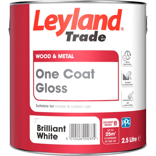 Leyland Trade One Coat Gloss 2.5L Brilliant White | FiveLitre — bulk sizes, trade prices