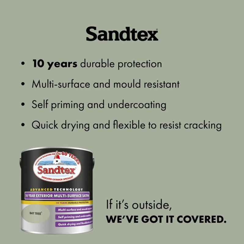 Sandtex 10 Year Exterior Multi Surface Satin 2.5L Bay Tree | FiveLitre — bulk sizes, trade prices