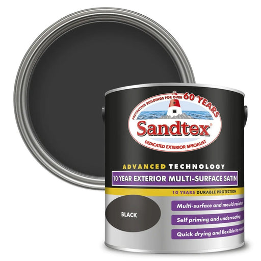 Sandtex 10 Year Exterior Multi Surface Satin 2.5L Black | FiveLitre — bulk sizes, trade prices