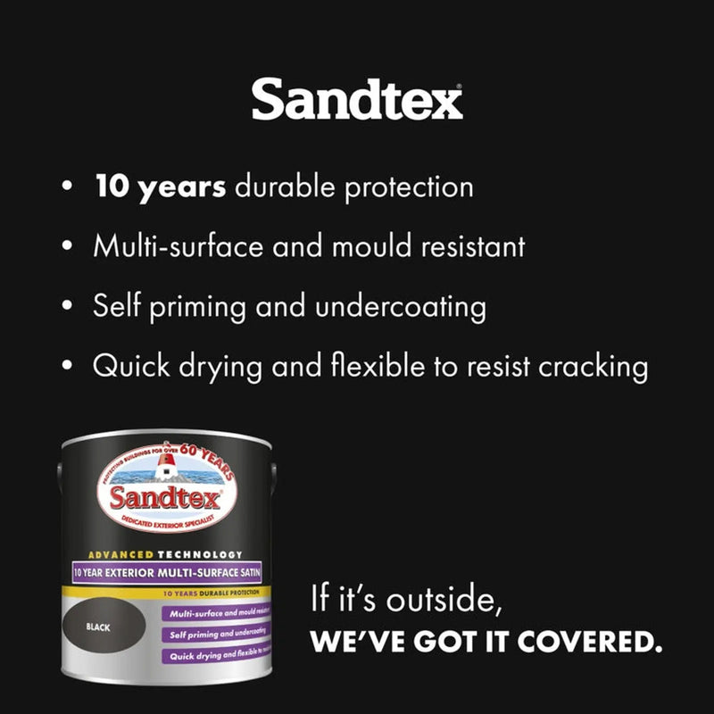 Sandtex 10 Year Exterior Multi Surface Satin 2.5L Black | FiveLitre — bulk sizes, trade prices